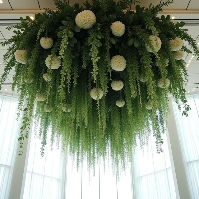 Stort, frodigt blomsterarrangemang med eukalyptus och vita flor som hänger från taket i en ljus eventlokal.