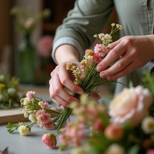 En florist som binder en unik bukett med säsongens blommor.